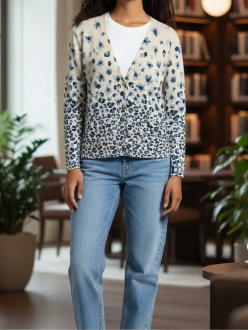Tory Burch 100% Merino Wool Floral Leopard Print V-Neck Cardigan Sweater,Size XS